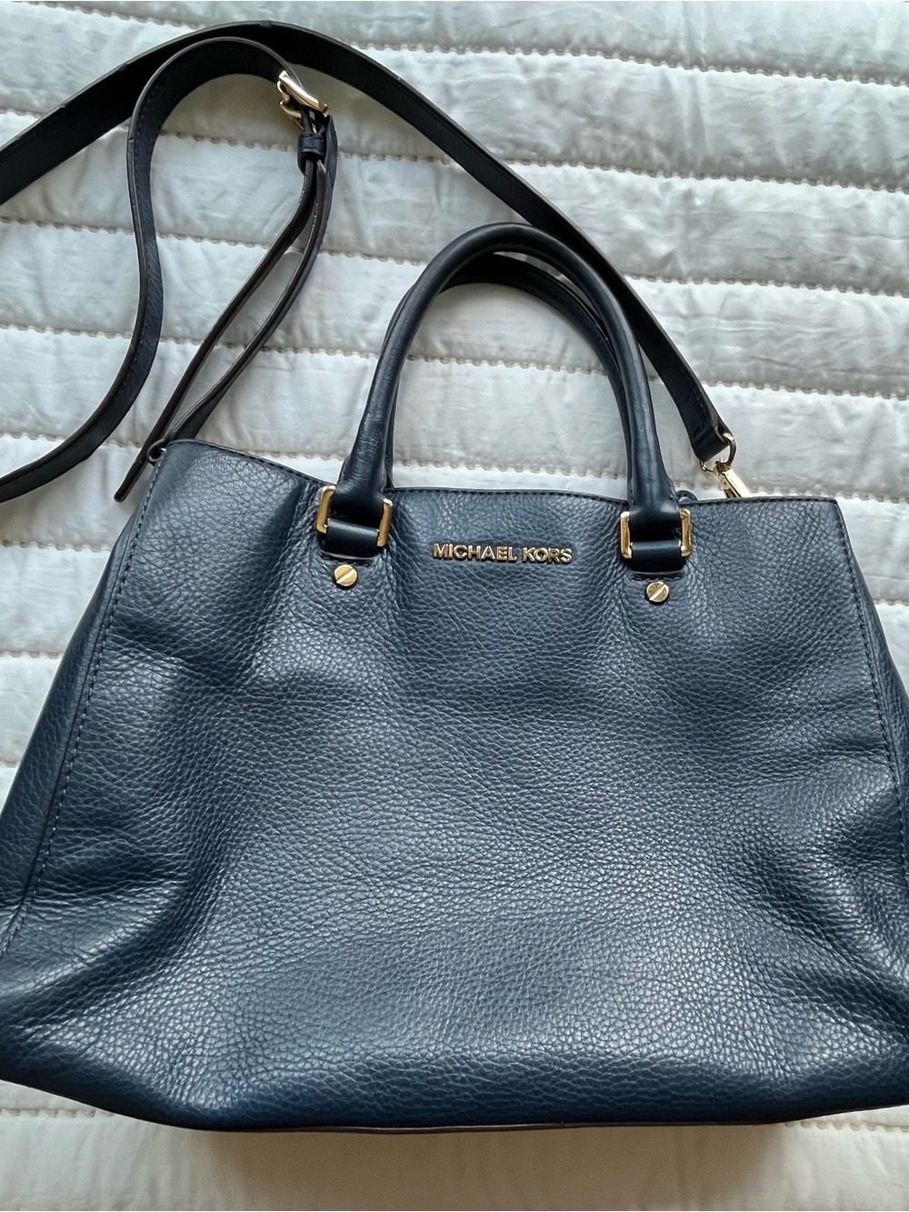 Michael Kors Navy Pebbled Leather Tote with Gold Hardware